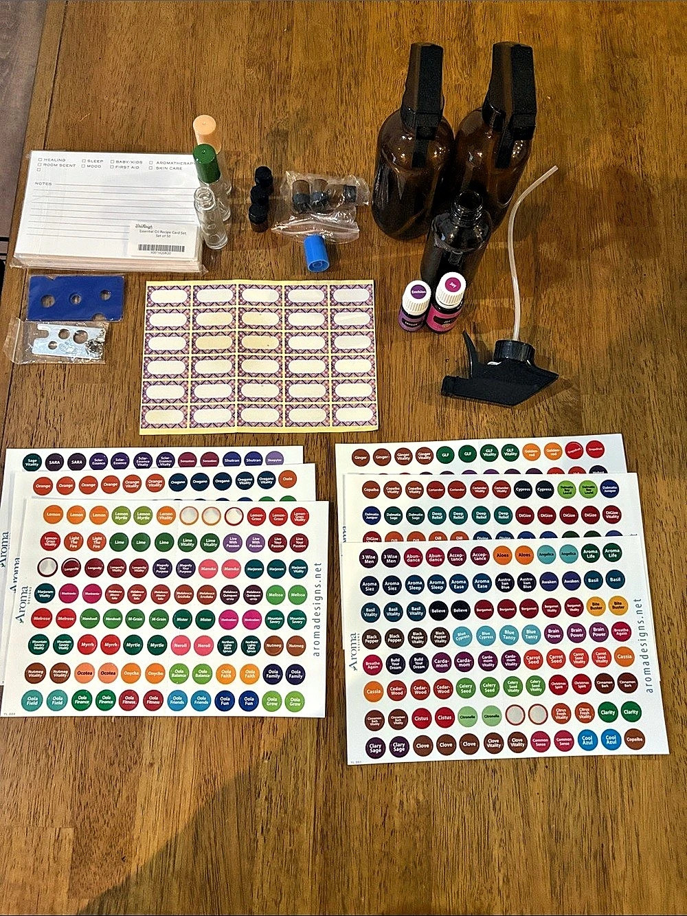 Essential oil Supplies. recipe cards, bottles and 2 YL oils. (Joy & Envision)